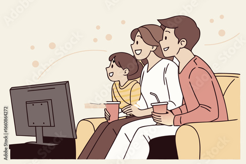 Vector illustration of a happy family sitting on a sofa, watching TV together with snacks, symbolizing bonding, leisure, and quality time at home.