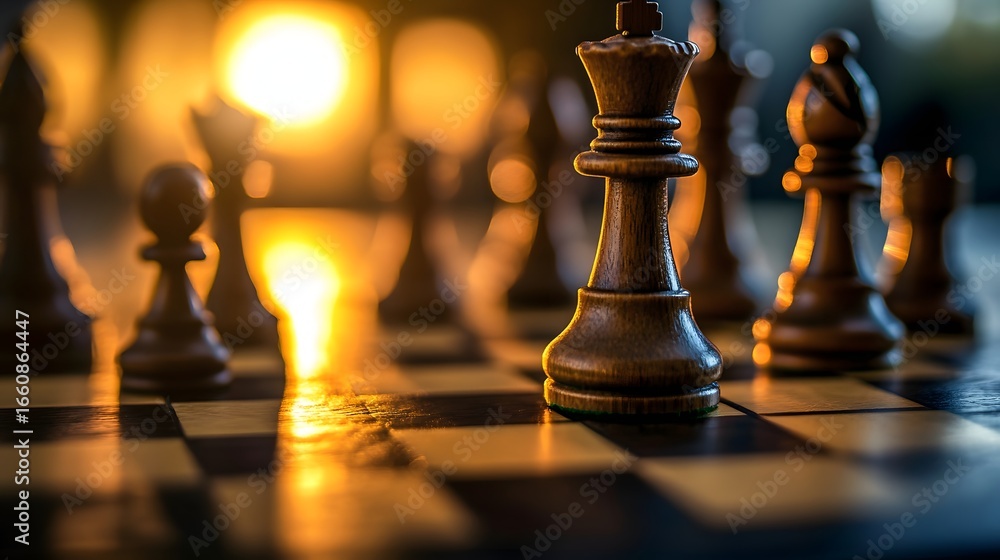 Close-up of chess pieces mid-game on a wooden board, shallow depth of field Close-up of chess pieces mid-game on a wooden board, shallow depth of field