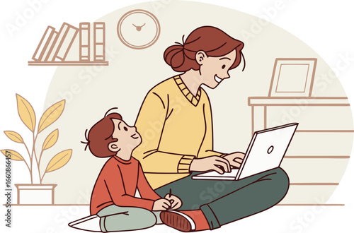 Cartoon vector illustration of a mother working on a laptop at home while her child sits beside her, symbolizing work-life balance, parenting, and remote work.