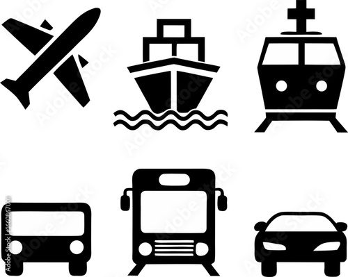 Various modes of transportation icons in black and white