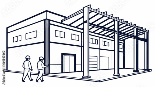 A line drawing of a building with workers.