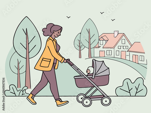 Cartoon vector illustration of mother walking outdoors with baby stroller, family lifestyle, childcare, parenting, and motherhood