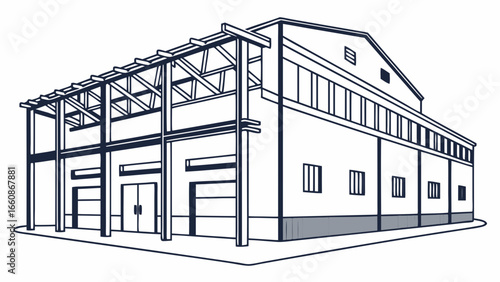 A large industrial building with a metal frame.