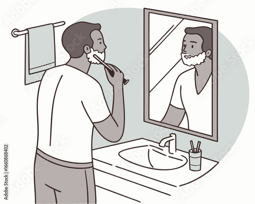 Vector cartoon of a man shaving in front of a bathroom mirror