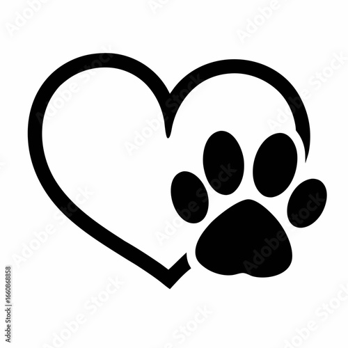 Black heart shaped pet paw print logo for animal lovers and pets