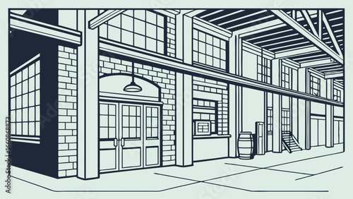 A large industrial building with brick walls.