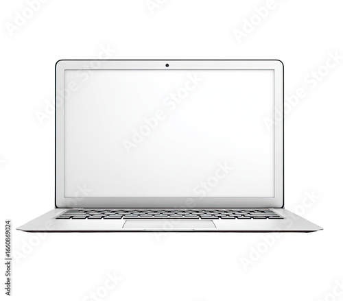 Front view of a light gray laptop with blank screen
