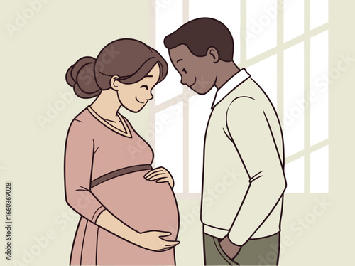 Vector illustration of a happy couple expecting a baby, smiling and touching the pregnant belly, 