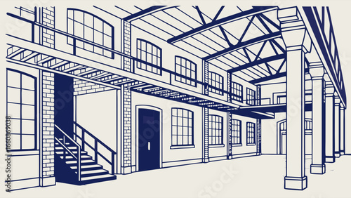 Interior of a large industrial building with exposed beams and brick walls.