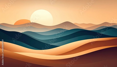 Wallpaper Mural Abstract digital landscape of layered rolling hills at sunset with warm tones and calming shapes inspired by nature and peaceful scenery in a minimalist style Torontodigital.ca