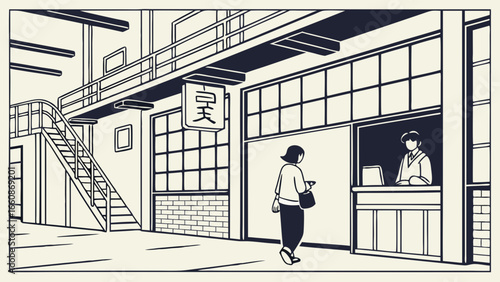 A woman walks past a building with a man at the counter.