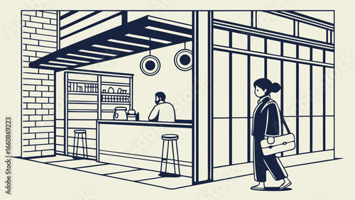 A woman walking past a modern cafe.