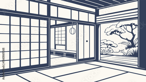 Traditional Japanese interior with tatami mat room and sliding doors.