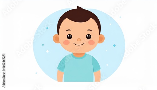Wallpaper Mural Cheerful young boy with short brown hair wea a light blue t-shirt smiling happily with a cartoon style face and background filled with small stars and soft blue circle Torontodigital.ca