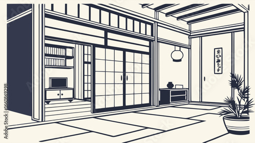 Traditional Japanese interior design with sliding doors.