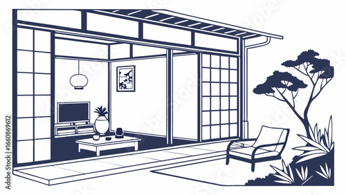 A serene Japanese-style room with sliding doors and a garden.
