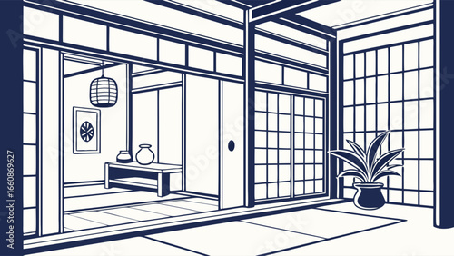 A serene Japanese-style room interior illustration.