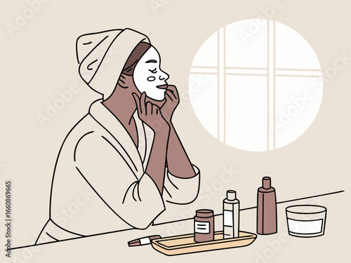 Vector illustration of a woman in a bathrobe applying a sheet face mask