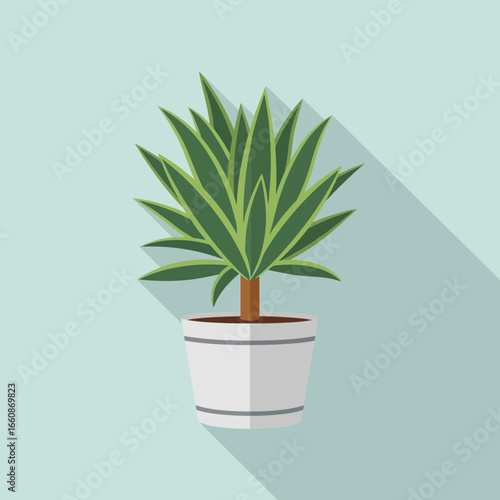 Potted plant with green leaves in a white pot against a light blue background.