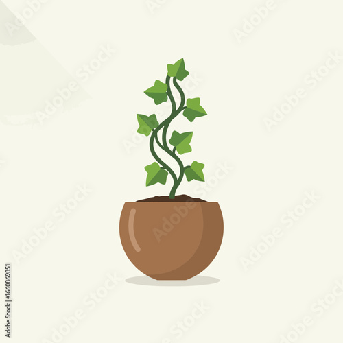 A potted plant with green leaves and a winding stem against a light background.