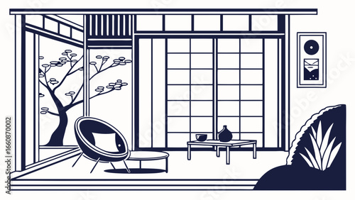Traditional Japanese interior with tatami room.