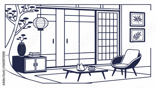 Traditional Japanese interior design illustration.