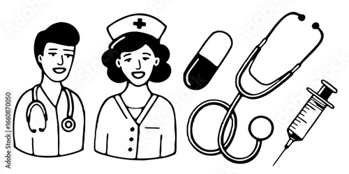 Illustration of doctor and nurse with medical tools including stethoscope and syringe shown in black and white