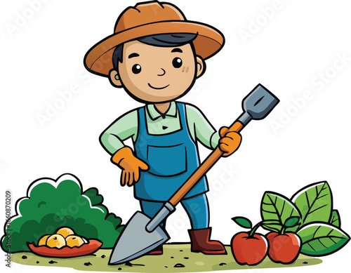 Cute vector cartoon of a young farmer holding a shovel in a garden with fruits and plants, symbolizing farming, agriculture, harvest, and healthy lifestyle.