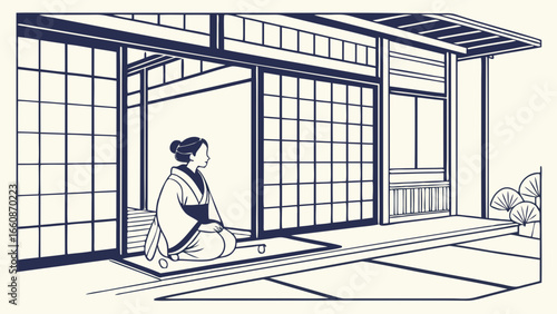 Serene woman in traditional Japanese kimono sitting in tatami room with shoji screens.