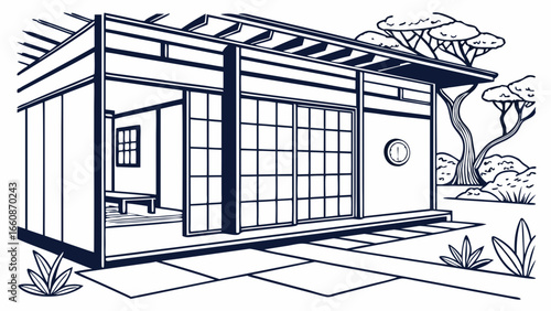 A serene Japanese-style house with garden.