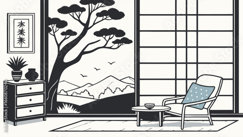 A serene Japanese-inspired living room interior.