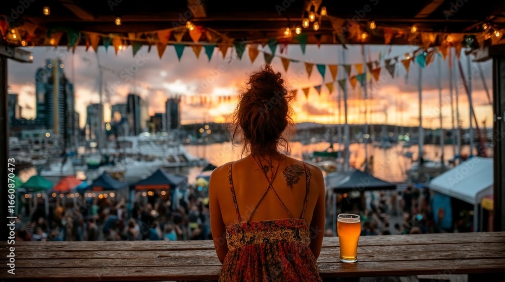 Naklejka premium Woman with tattoo watches sunset over harbor from busy outdoor festival