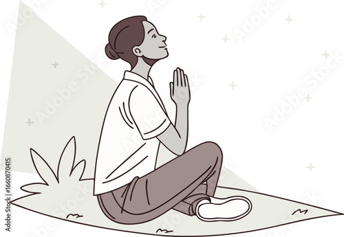 Vector cartoon of a woman sitting on grass in meditation pose, practicing mindfulness and relaxation outdoors. Calm lifestyle and mental wellness concept.