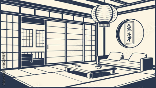 Traditional Japanese interior design with tatami mat and shoji screens.