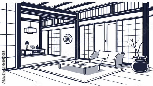 A modern minimalist Japanese living room interior.