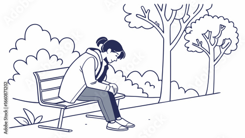 A young woman sits on a park bench looking down.