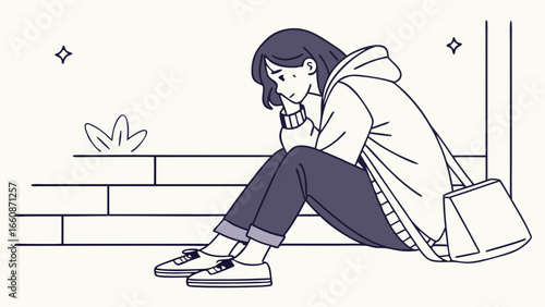 a woman sitting on stairs looking sad.