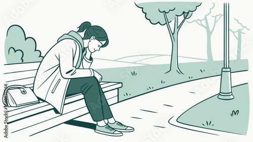 Sad woman sitting alone on park bench.