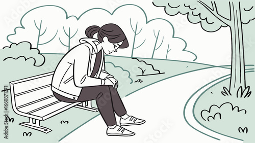 Sad young man sitting on a park bench.
