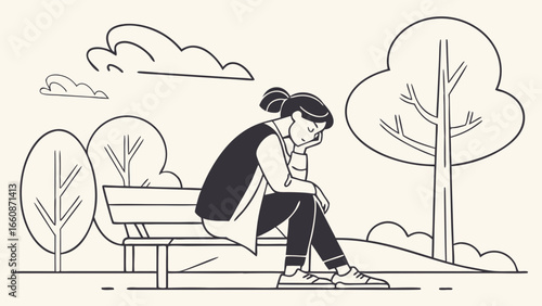 a woman sits on a bench looking sad.