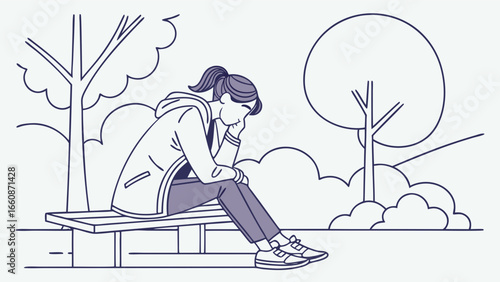 A lonely young woman sitting on a park bench looking down.