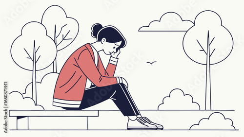 A woman sitting on a park bench looking sad and contemplative outdoors.