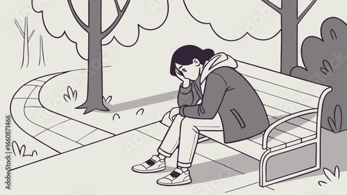 a young woman sitting alone on a park bench looking sad and depressed.