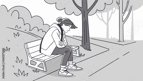 A woman sits alone on a park bench.