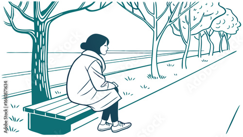 a woman sitting on a bench in a park.