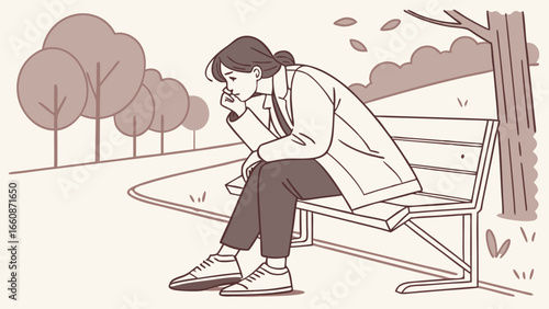 A woman sitting alone on a park bench looking sad and contemplative.