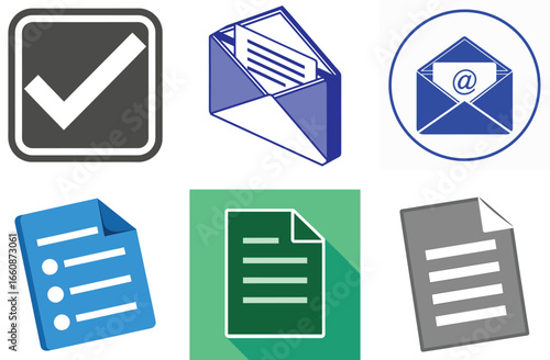 Set of six icons representing email and document symbols on white background envelope paper