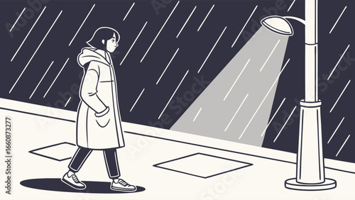 woman wearing face mask walking alone at night in rain.