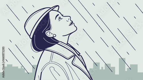 Woman enjoying rain in the city.