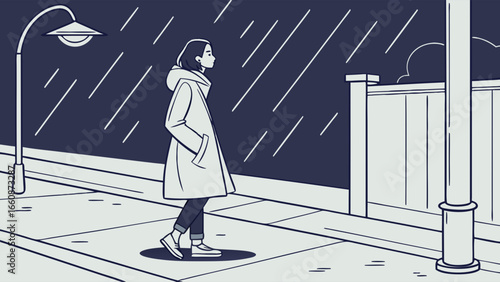woman walking alone on rainy city sidewalk.